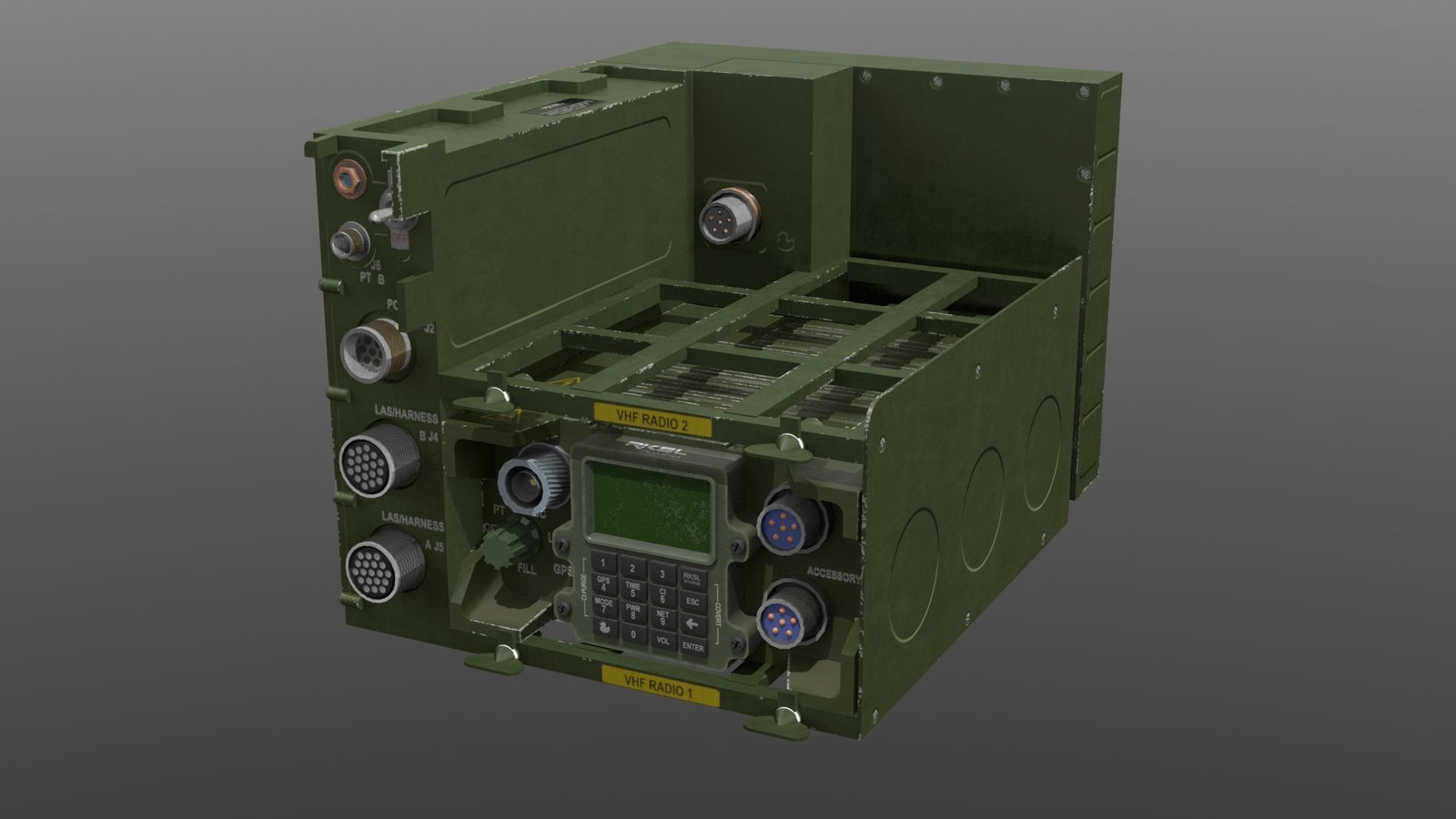 Detailed green VHF radio rack 3D asset